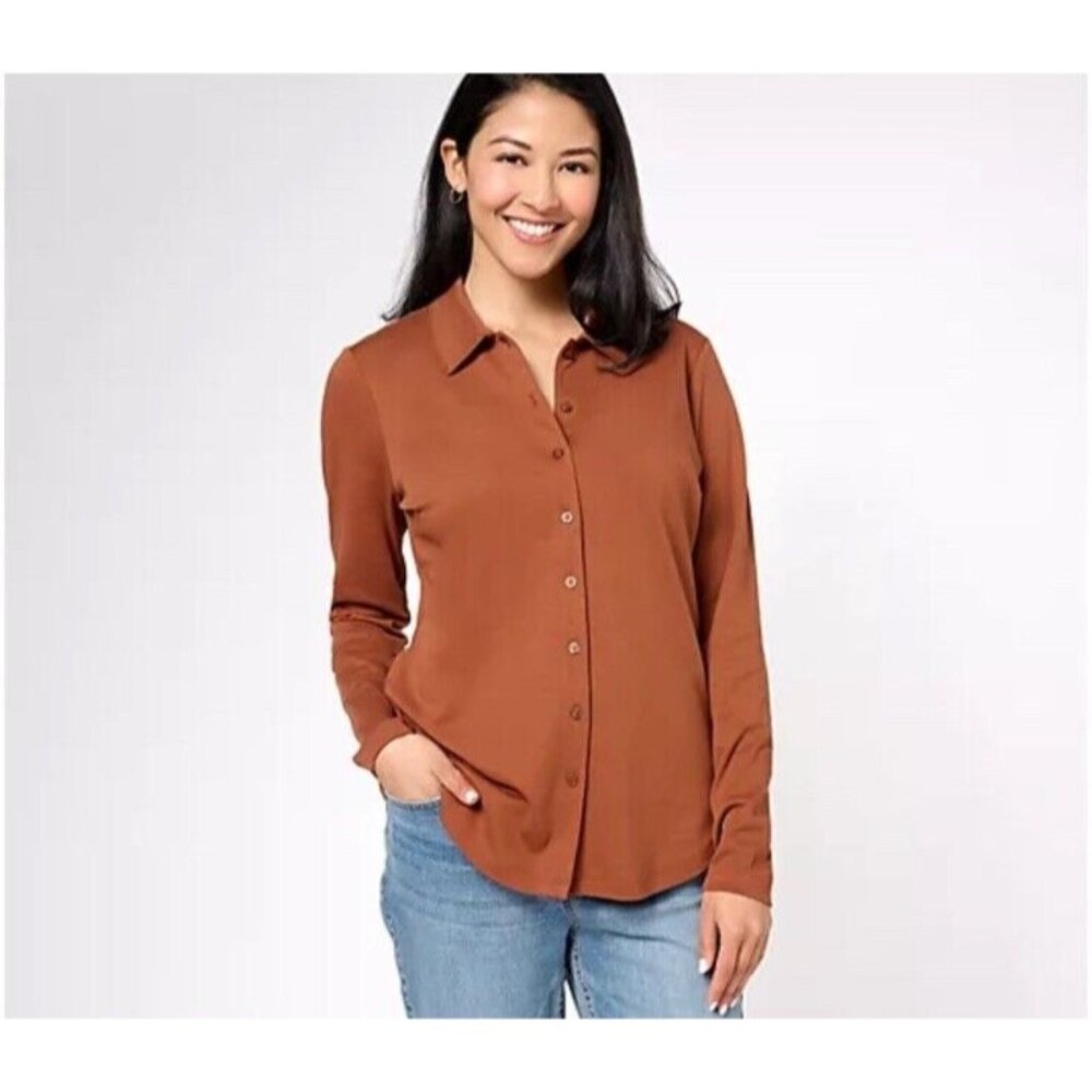 Isaac Mizrahi Live Pima Cotton Button Front Top‎ Size 1X Brown Long Sleeve